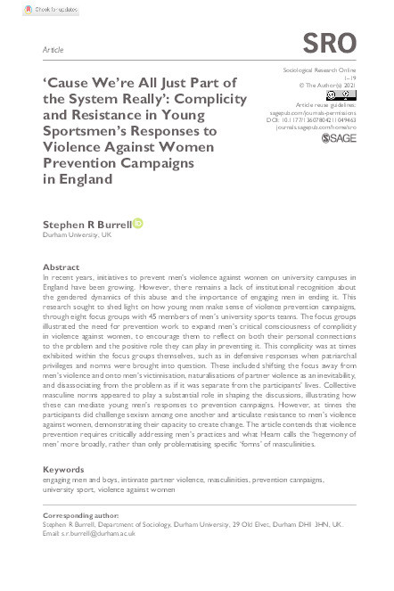 'Cause We’re All Just Part of the System Really': Complicity and Resistance in Young Sportsmen's Responses to Violence Against Women Prevention Campaigns in England Thumbnail