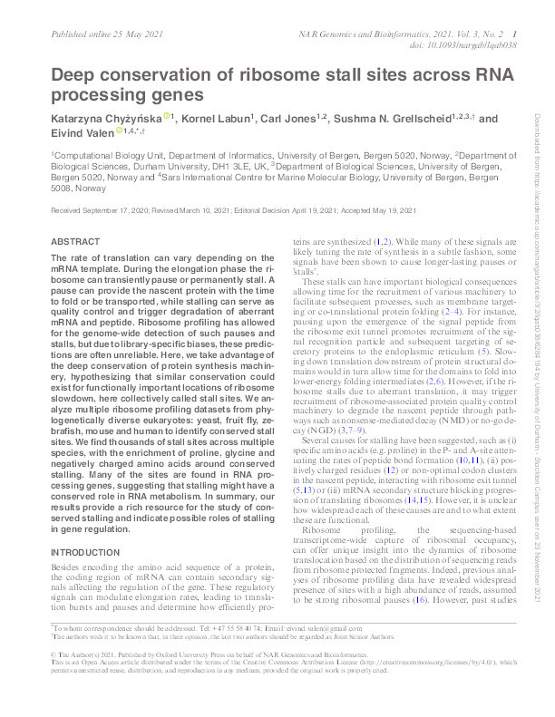 Deep conservation of ribosome stall sites across RNA processing genes Thumbnail