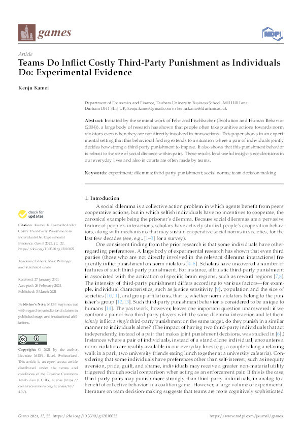 Teams Do Inflict Costly Third-Party Punishment as Individuals Do: Experimental Evidence Thumbnail