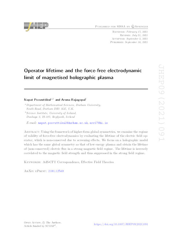 Operator lifetime and the force-free electrodynamic limit of magnetised holographic plasma Thumbnail