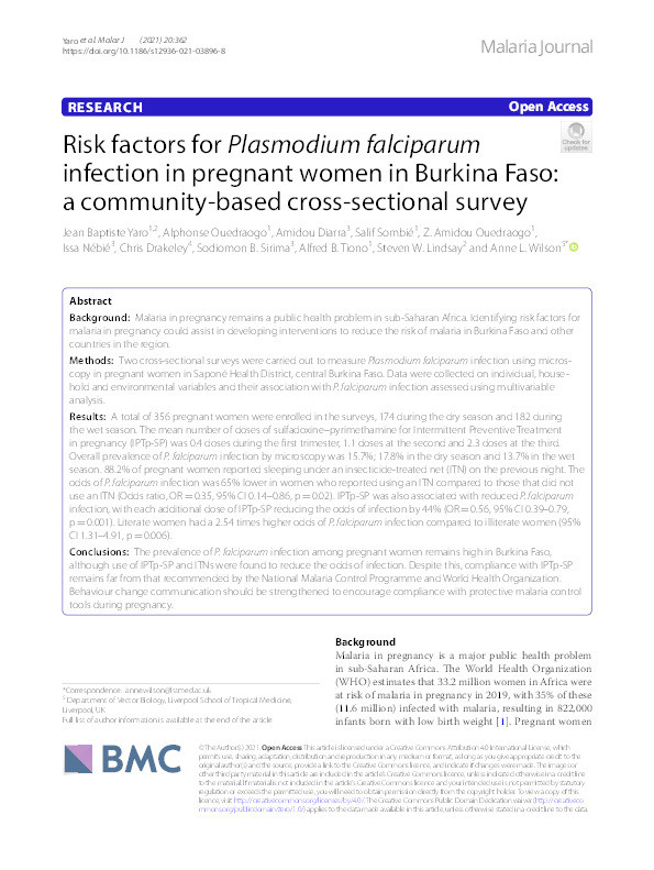 Risk factors for Plasmodium falciparum infection in pregnant women in Burkina Faso: a community-based cross-sectional survey Thumbnail