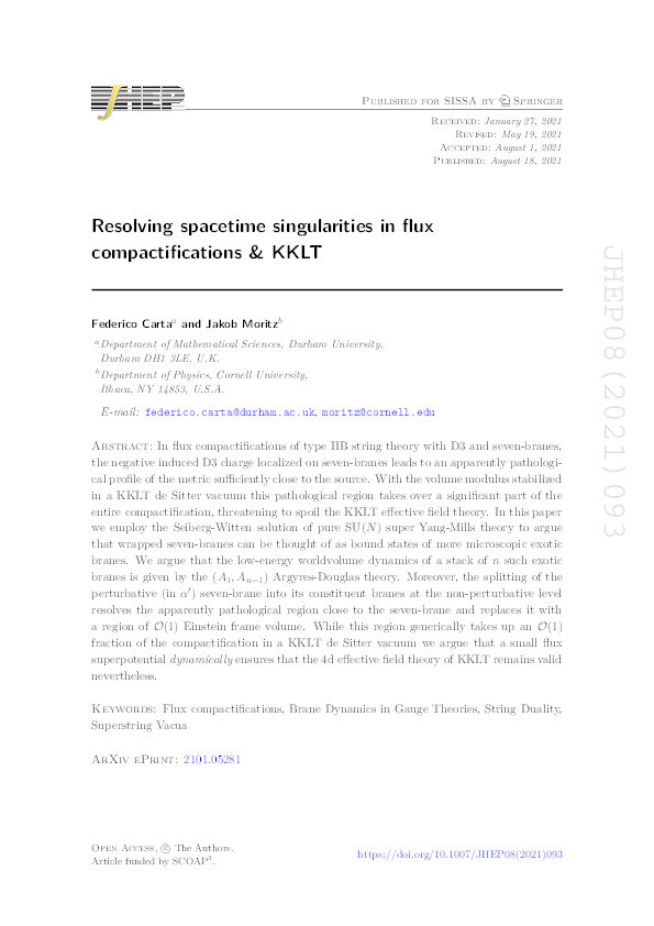 Resolving spacetime singularities in flux compactifications & KKLT Thumbnail