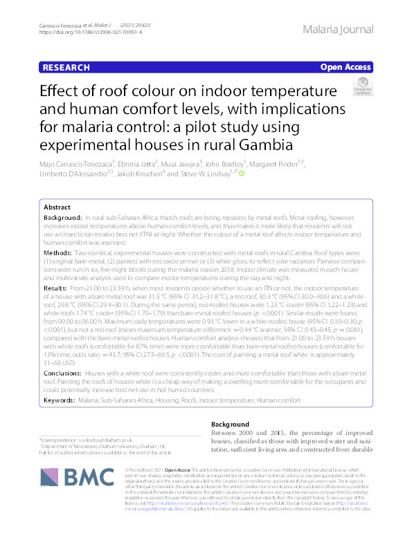 Effect of roof colour on indoor temperature and human comfort levels, with implications for malaria control: a pilot study using experimental houses in rural Gambia Thumbnail