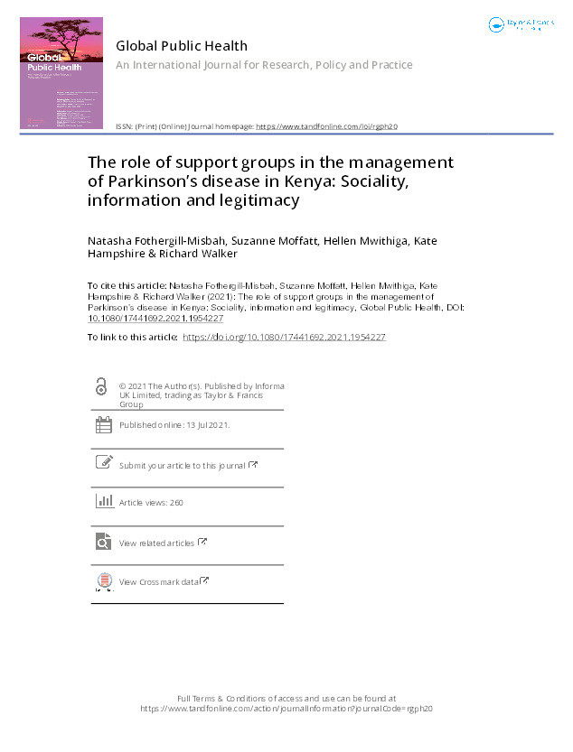 The role of support groups in the management of Parkinson’s disease in Kenya: Sociality, information and legitimacy Thumbnail