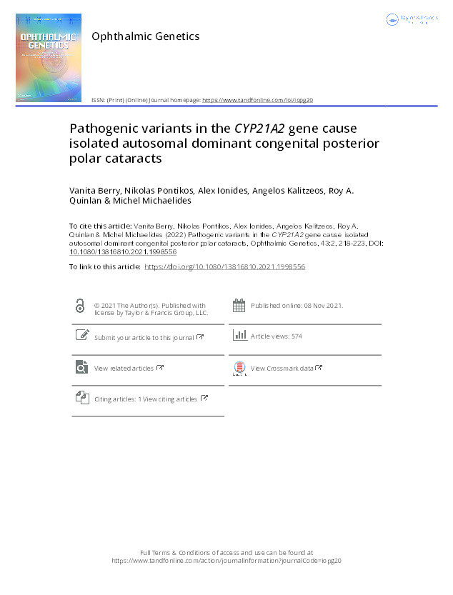 Pathogenic variants in the CYP21A2 gene cause isolated autosomal dominant congenital posterior polar cataracts Thumbnail