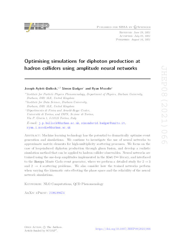Optimising simulations for diphoton production at hadron colliders using amplitude neural networks Thumbnail