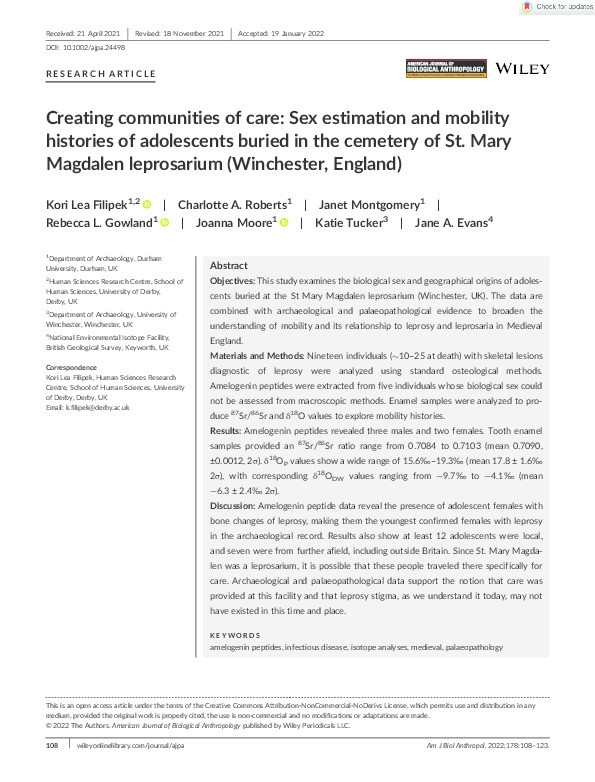 Creating communities of care: Sex estimation and mobilityhistories of adolescents buried in the cemetery of St. MaryMagdalen leprosarium (Winchester, England) Thumbnail