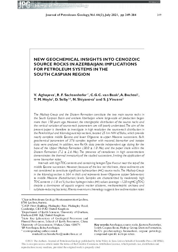 NEW GEOCHEMICAL INSIGHTS INTO CENOZOIC SOURCE ROCKS IN AZERBAIJAN: IMPLICATIONS FOR PETROLEUM SYSTEMS IN THE SOUTH CASPIAN REGION Thumbnail