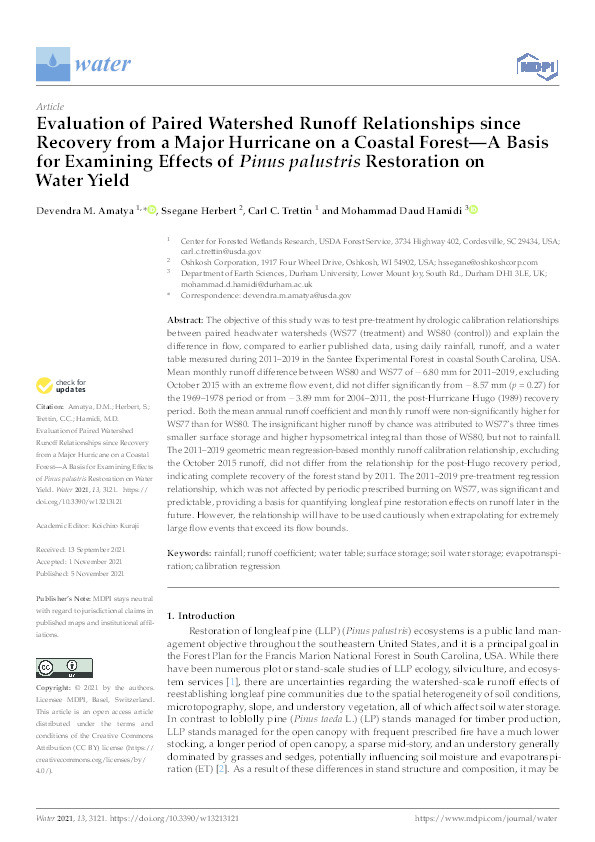 Evaluation of Paired Watershed Runoff Relationships since Recovery from a Major Hurricane on a Coastal Forest—A Basis for Examining Effects of Pinus palustris Restoration on Water Yield Thumbnail