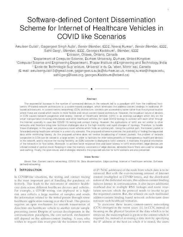 Software-Defined Content Dissemination Scheme for Internet of Healthcare Vehicles in COVID-Like Scenarios Thumbnail