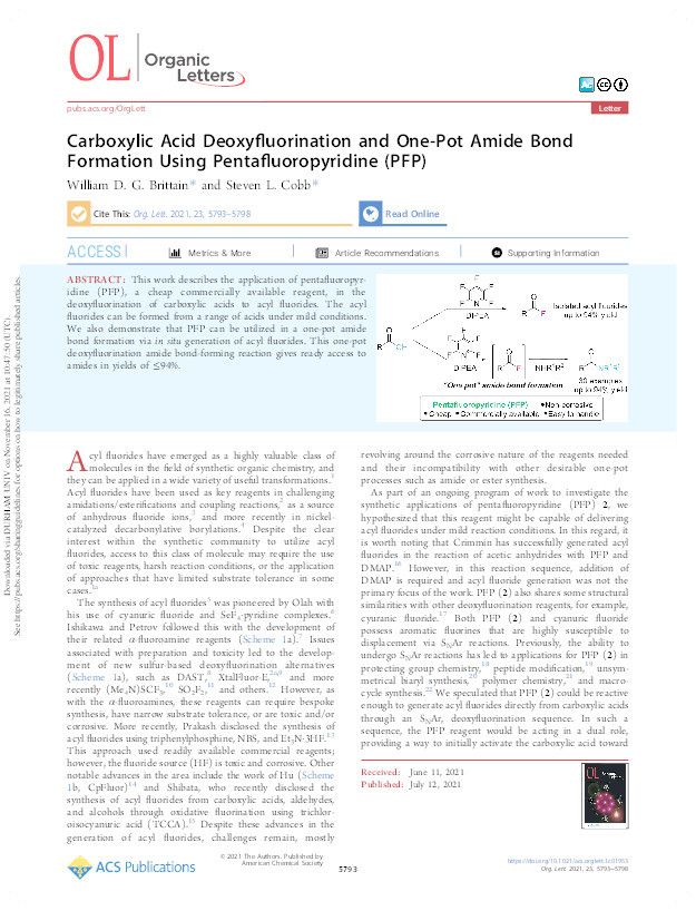 Carboxylic Acid Deoxyfluorination and One-Pot Amide Bond Formation Using Pentafluoropyridine (PFP) Thumbnail