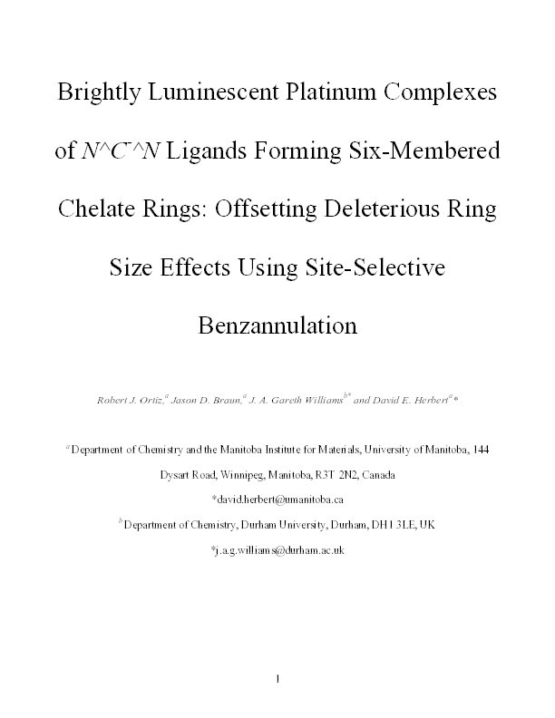 Brightly Luminescent Platinum Complexes of N∧C–∧N Ligands Forming Six-Membered Chelate Rings: Offsetting Deleterious Ring Size Effects Using Site-Selective Benzannulation Thumbnail