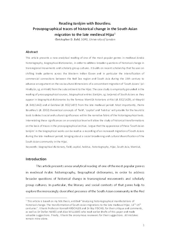 Reading tarājim with Bourdieu: prosopographical traces of historical change in the South Asian migration to the late medieval Hijaz Thumbnail