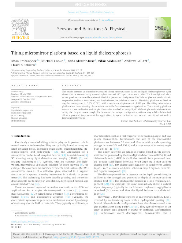 Tilting micromirror platform based on liquid dielectrophoresis Thumbnail