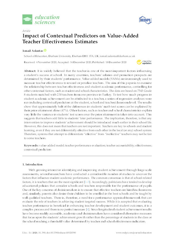 Impact of Contextual Predictors on Value-Added Teacher Effectiveness Estimates Thumbnail