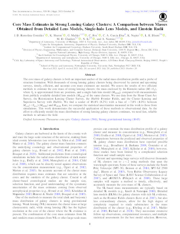 Core Mass Estimates in Strong Lensing Galaxy Clusters: A Comparison between Masses Obtained from Detailed Lens Models, Single-halo Lens Models, and Einstein Radii Thumbnail