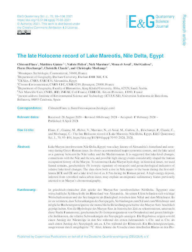 The late Holocene record of Lake Mareotis, Nile Delta, Egypt Thumbnail