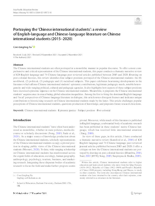 Portraying the ‘Chinese international students’: A review of English-language and Chinese-language literature on Chinese international students (2015-2020) Thumbnail