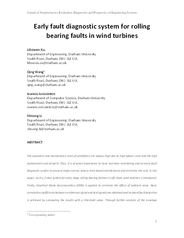 Early Fault Diagnostic System for Rolling Bearing Faults in Wind Turbines Thumbnail