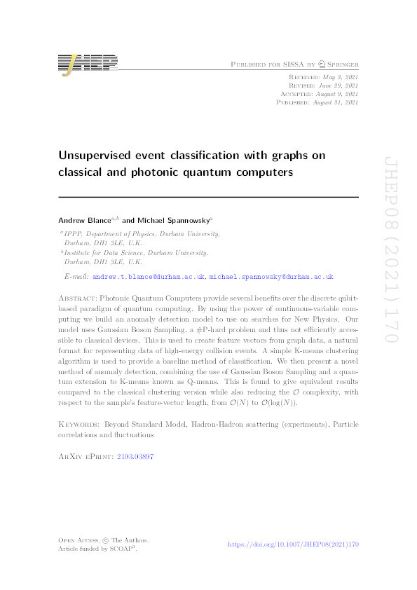 Unsupervised event classification with graphs on classical and photonic quantum computers Thumbnail