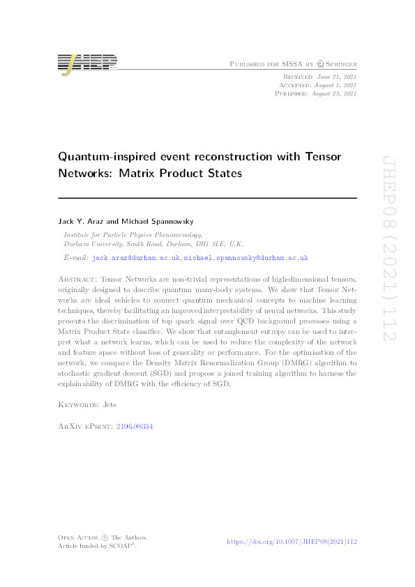 Quantum-inspired event reconstruction with Tensor Networks: Matrix Product States Thumbnail