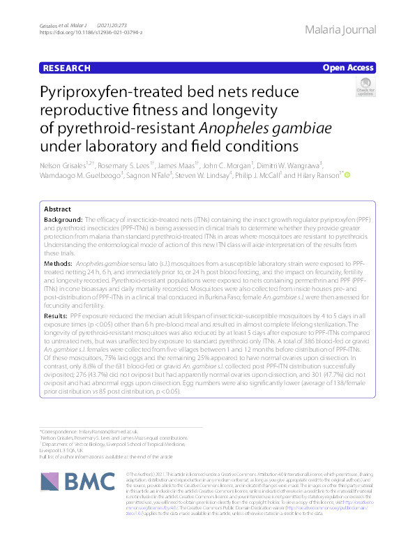 Pyriproxyfen-treated bed nets reduce reproductive fitness and longevity of pyrethroid-resistant Anopheles gambiae under laboratory and field conditions Thumbnail