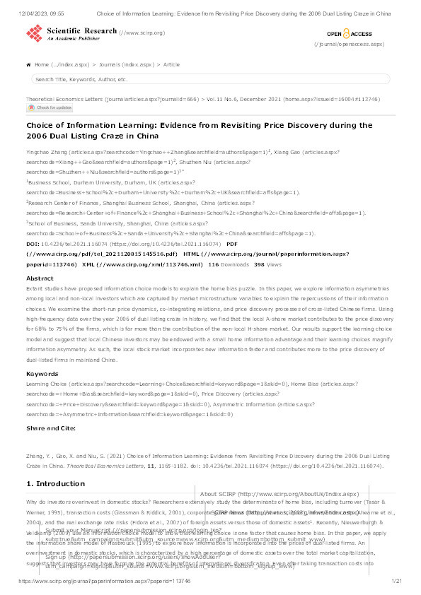 Choice of Information Learning: Evidence from Revisiting Price Discovery during the 2006 Dual Listing Craze in China Thumbnail