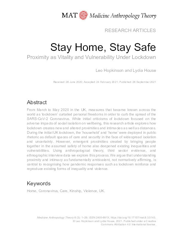 'Stay Home, Stay Safe': Proximity as Vitality and Vulnerability Under Lockdown Thumbnail