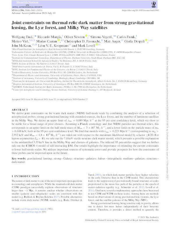 Joint constraints on thermal relic dark matter from strong gravitational lensing, the Ly α forest, and Milky Way satellites Thumbnail