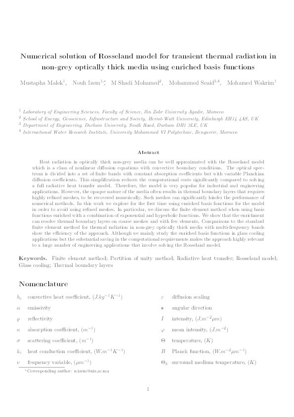 Numerical solution of Rosseland model for transient thermal radiation in non-grey optically thick media using enriched basis functions Thumbnail