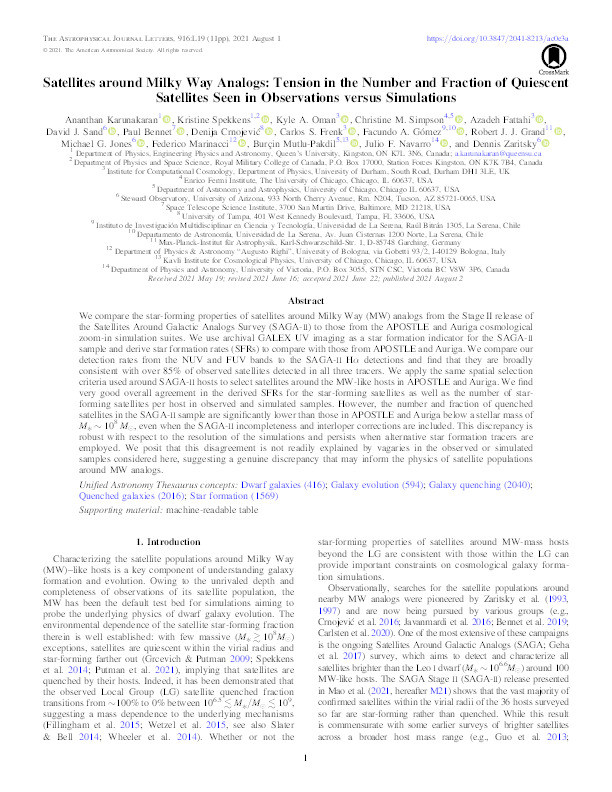 Satellites around Milky Way Analogs: Tension in the Number and Fraction of Quiescent Satellites Seen in Observations versus Simulations Thumbnail