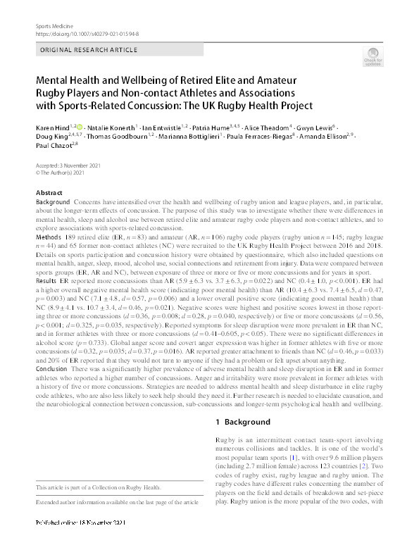 Mental health and wellbeing of retired elite and amateur rugby players and non-contact athletes and associations with sports-related concussion: the UK Rugby Health Project Thumbnail