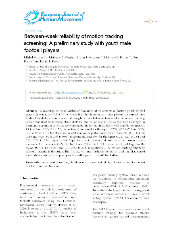 Between-week reliability of motion tracking screening: A preliminary study with youth male football players Thumbnail