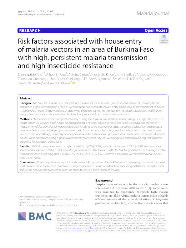 Risk factors associated with house entry of malaria vectors in an area of Burkina Faso with high, persistent malaria transmission and high insecticide resistance Thumbnail