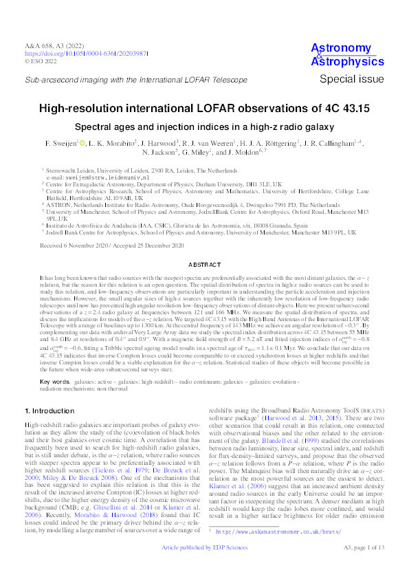 High-resolution international LOFAR observations of 4C 43.15. Spectral ages and injection indices in a high-z radio galaxy Thumbnail