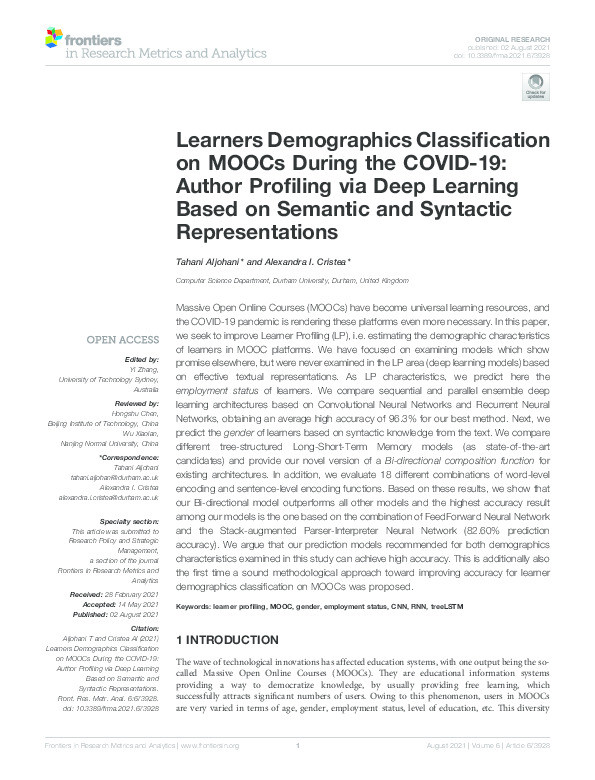 Learners Demographics Classification on MOOCs During the COVID-19: Author Profiling via Deep Learning Based on Semantic and Syntactic Representations Thumbnail