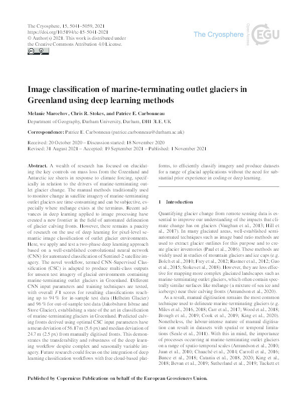Image classification of marine-terminating outlet glaciers in Greenland using deep learning methods Thumbnail