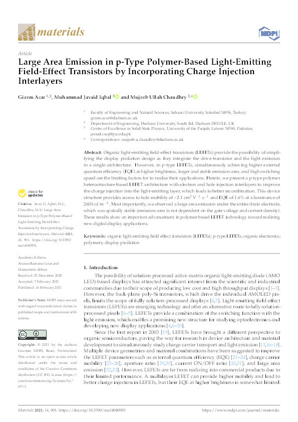 Large Area Emission in p-Type Polymer-Based Light-Emitting Field-Effect Transistors by Incorporating Charge Injection Interlayers Thumbnail