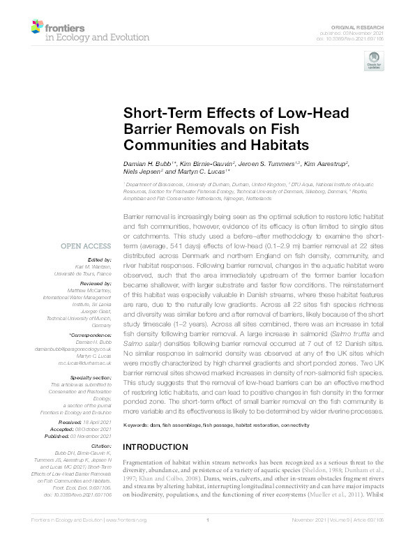 Short-term effects of low-head barrier removals on fish communities and habitats Thumbnail