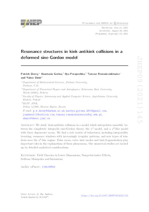 Resonance structures in kink-antikink collisions in a deformed sine-Gordon model Thumbnail
