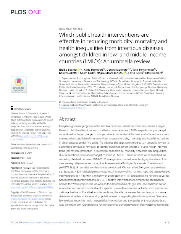 Which public health interventions are effective in reducing morbidity, mortality and health inequalities from infectious diseases amongst children in low- and middle-income countries (LMICs): An umbrella review Thumbnail