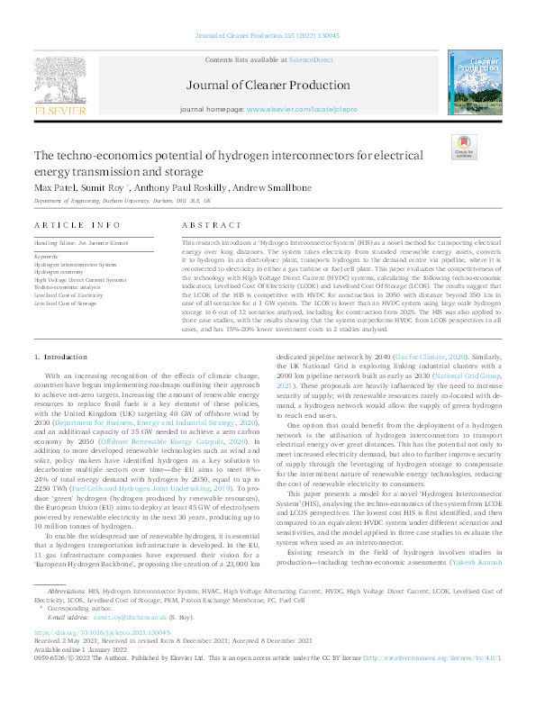 The techno-economics potential of hydrogen interconnectors for electrical energy transmission and storage Thumbnail