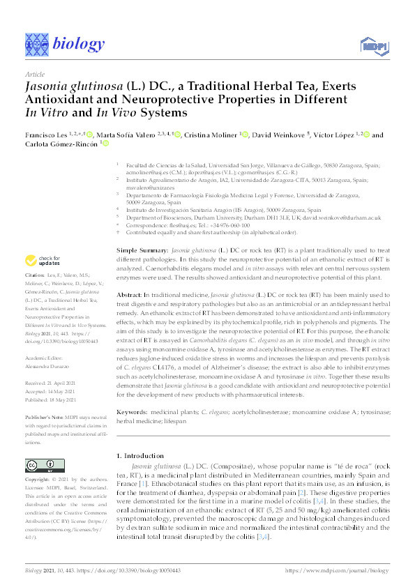 Jasonia glutinosa (L.) DC., a Traditional Herbal Tea, Exerts Antioxidant and Neuroprotective Properties in Different In Vitro and In Vivo Systems Thumbnail