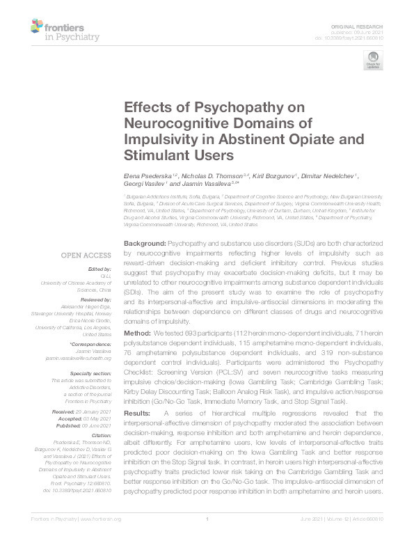 Effects of Psychopathy on Neurocognitive Domains of Impulsivity in Abstinent Opiate and Stimulant Users Thumbnail
