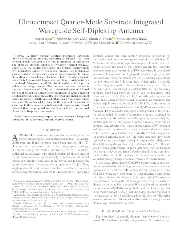 Ultracompact Quarter-Mode Substrate Integrated Waveguide Self-Diplexing Antenna Thumbnail