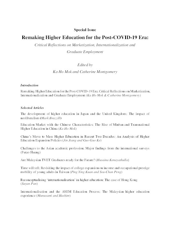 Remaking higher education for the post-COVID-19 era: Critical reflections on marketization, internationalization and graduate employment Thumbnail
