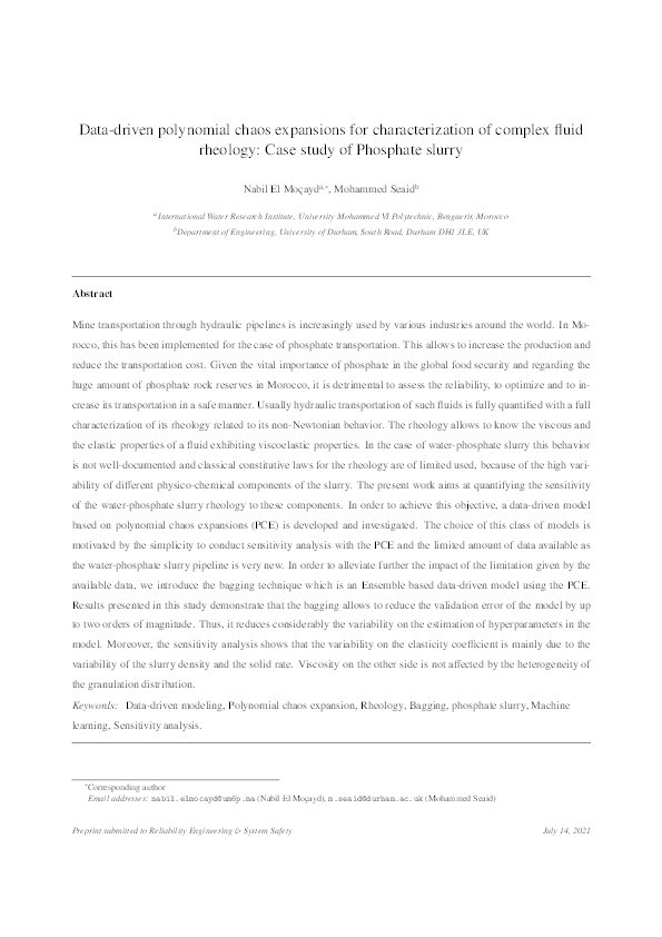 Data-driven polynomial chaos expansions for characterization of complex fluid rheology: Case study of phosphate slurry Thumbnail