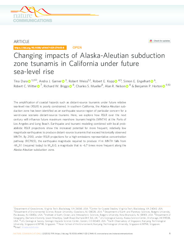 Changing impacts of Alaska-Aleutian subduction zone tsunamis in California under future sea-level rise Thumbnail