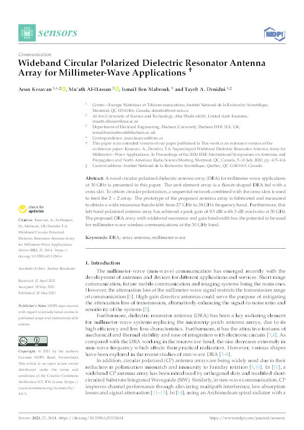 Wideband Circular Polarized Dielectric Resonator Antenna Array for Millimeter-Wave Applications Thumbnail