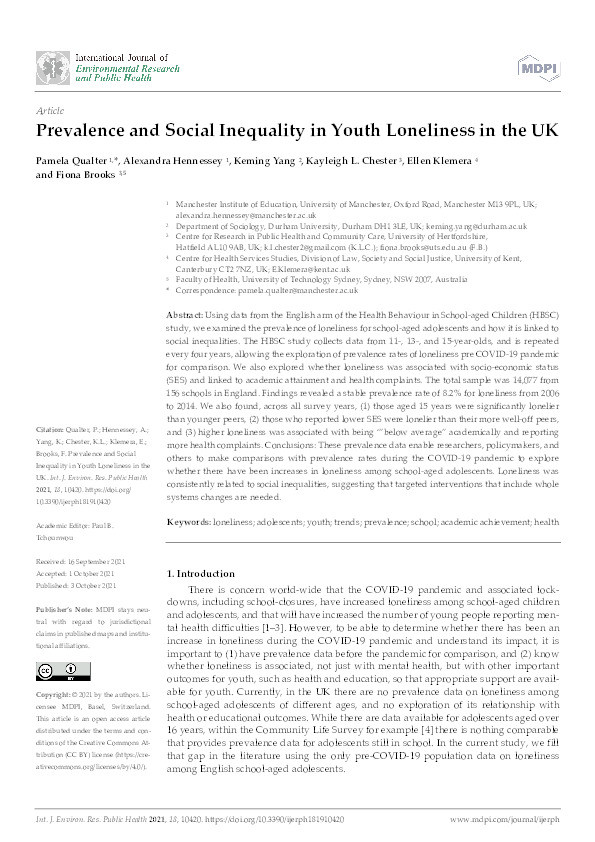 Prevalence and Social Inequality in Youth Loneliness in the UK Thumbnail